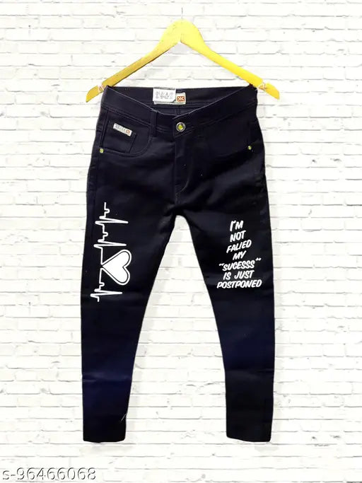 Men's black heartbeat printed denim jeans, high-end quality with funky style. Washable print on durable denim fabric. Available in sizes: 28 (waist 28, length 37), 30 (waist 30, length 37), 32 (waist 32, length 37). Origin: India