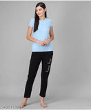 Dark blue cropped trousers and matching short-sleeved top, featuring subtle striped details