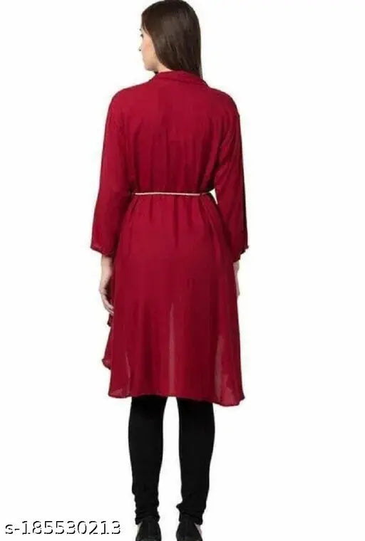 Maroon Chanderi Silk Casual Kurti for women, solid design, three-quarter sleeves, S-XL sizes available