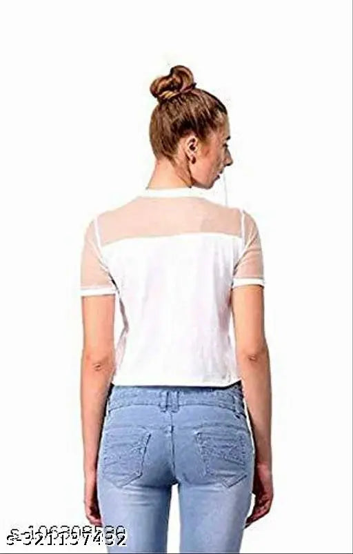 White cotton crop top with unique Never Coast print and net detail, for women's casual wear under 99 by Istyle Can