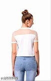 White cotton crop top with unique Never Coast print and net detail, for women's casual wear under 99 by Istyle Can