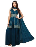 Exquisite georgette Women's Kurti set with Zari embroidery, blending Bollywood glamour and Indian tradition. Sleeveless, single piece available in sizes S-XXL. Made in India