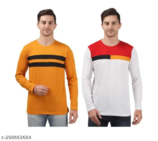 Stylish striped and block pattern round neck cotton T-shirt set for men (1 yellow, 1 white) - Indian craftsmanship in comfortable cotton
