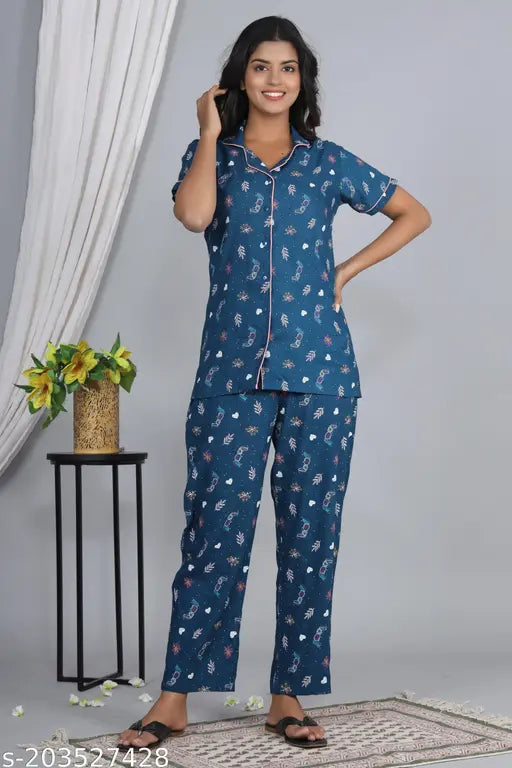 Women's and girls printed cotton night suit set, featuring short-sleeve shirt and pyjama bottoms in multiple colors, available in sizes S-XXL