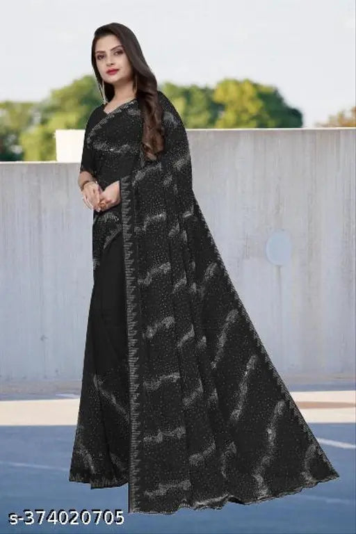 Georgette silk saree with contrast blouse, heavy diamond border, suitable for women's formal wear