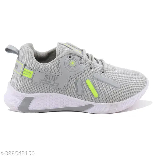 Gray, blue, and yellow sports sneakers for boys or girls with black non-slip soles