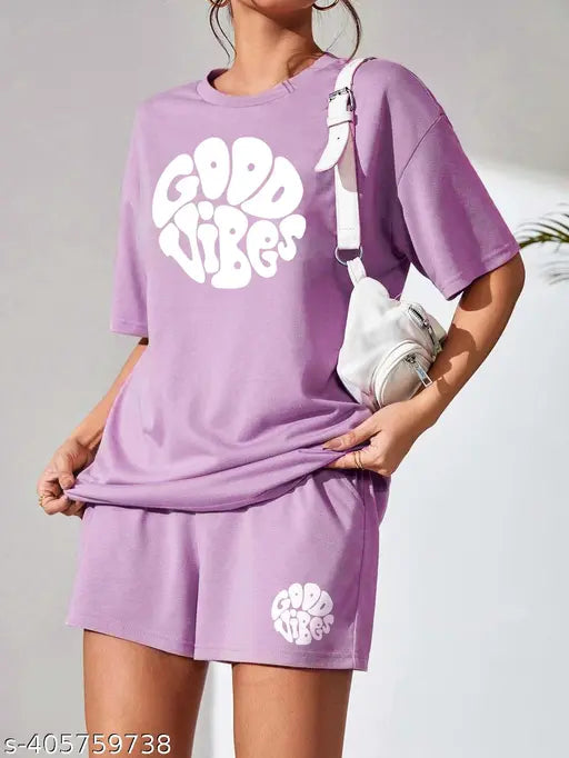 Cotton blend loose fit KSHS nightsuit with shorts, printed net design - Women's casual V-neck jumpsuit for daily wear, Indian origin