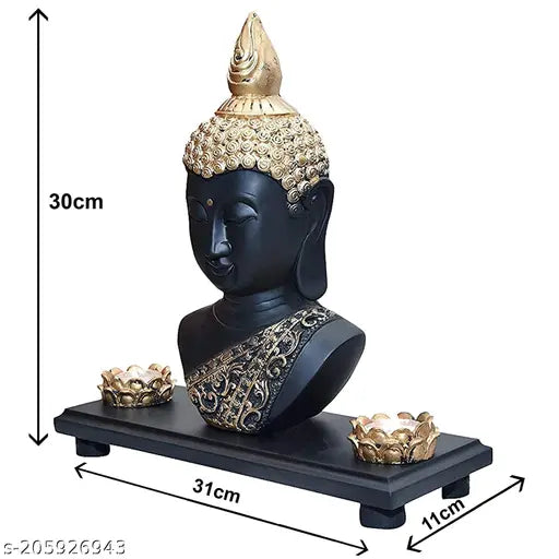 Dark black & golden polyresin Buddha idol (31x11x30 cm), hand-crafted home decor accessory on wooden tray