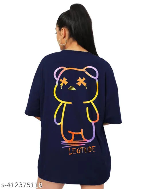 Blue graphic t-shirt with cartoon bear print and bold white lettering