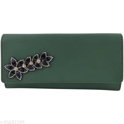 Womens faux leather wallet clutch with 4 card pockets peacock green