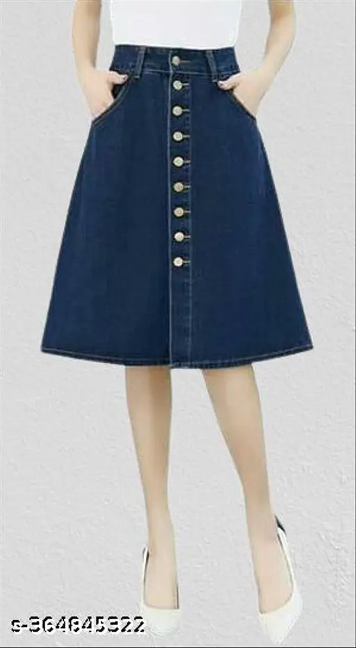 Navy Blue Side-Pocket Buttoned Denim A-Line Midi Skirt - Lightweight, breathable, and trendy denim skirt for women, available in various sizes from 26 to 46 inches waist. Made in India