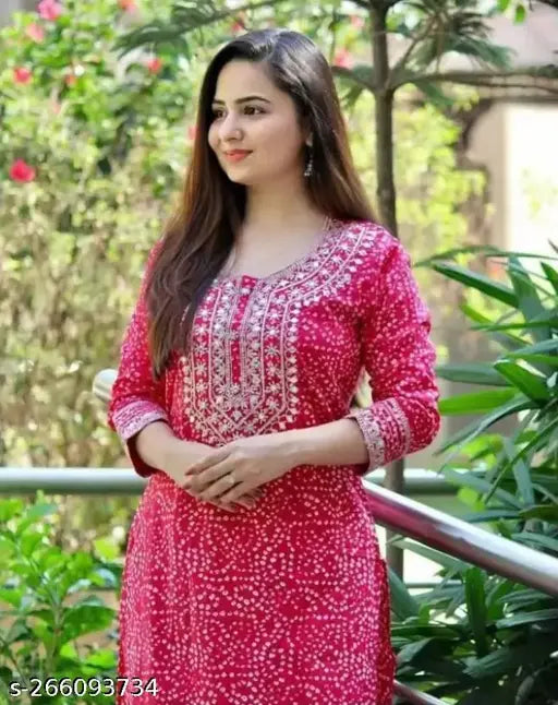 Women's embroidered viscose straight kurti with three-quarter sleeves and print combo, skin-friendly rayon fabric for casual or traditional wear