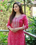 Women's embroidered viscose straight kurti with three-quarter sleeves and print combo, skin-friendly rayon fabric for casual or traditional wear
