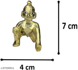 Multicolor fancy brass Krishna Idol combo for traditional Puja decor, includes Pagadi, Basuri, Singhasan, & Baby Laddu Gopal statues. Great gift idea for loved ones