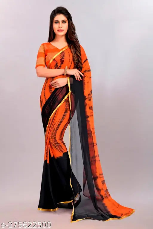Orange chiffon printed Leheriya sarees blouse piece, Indian crafted Zari woven net
