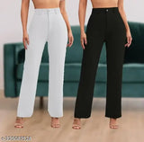 Regular fit white and black cotton blend women's trousers combo pack of 2