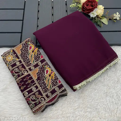 Purple saree with gold sequin border and peacock design