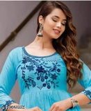 Malti MintBLUE embroidered rayon blouse with three-quarter sleeves, Indian traditional women's fashion for sizes S, L, XL, XXXL