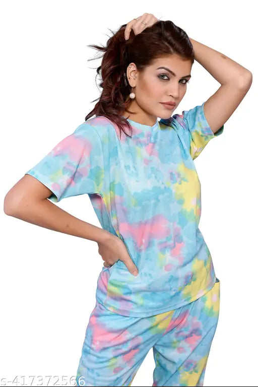 Tie-dye jogger set with printed pyjama top & baggy tshirt trouser for women - polycotton, low price up to off, versatile day-to-night wear