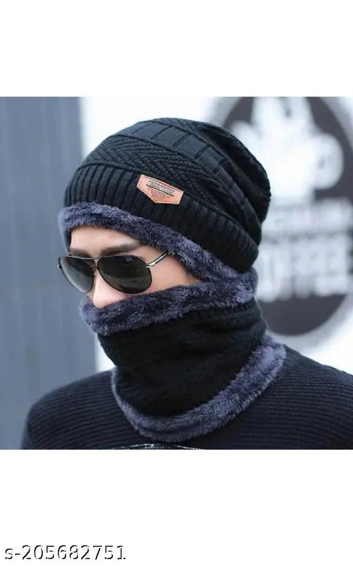 Black cotton woolen cap and neck warmer, pack of 1 - men & women balaclava for cold weather