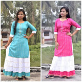 Rayon A-line printed kurta set for girls in multiple colors and sizes, Indian clothing with knee-length top and skirt