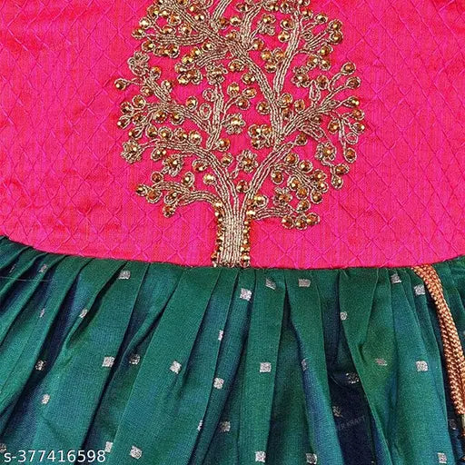 Silver and gold embroidered satin frock for girls, knee length, with fitted bodice and flared skirt
