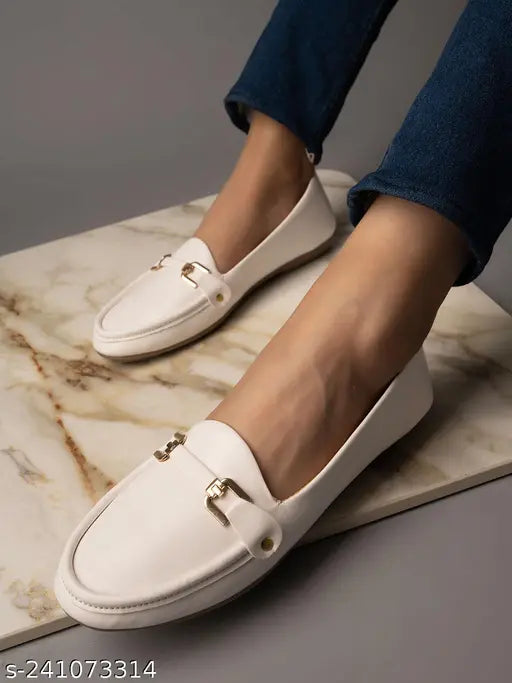 Stylestry white synthetic slip-on bellies with golden metal buckle detail - Women & Girls footwear in India