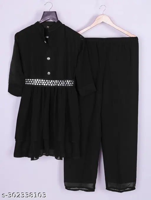 Georgette three-quarter sleeve kurta set with palazzo bottoms, new trending Indian fashion