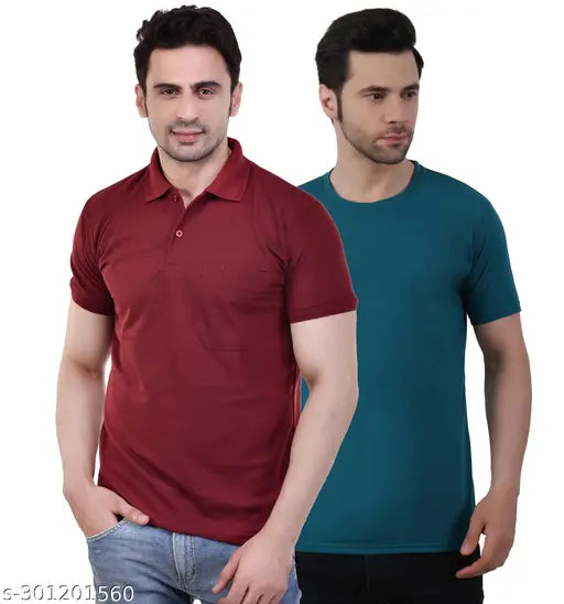 Matty fabric Men's Half Sleeve Polo & Cotton Blend Round Neck T-Shirts combo, maroon polo & multi color solid print, perfect for various occasions, Indian origin