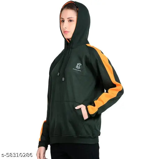 Dark green and orange cotton blend hoodie for women, full sleeve, kangaroo pocket pullover - Chanda Khuba