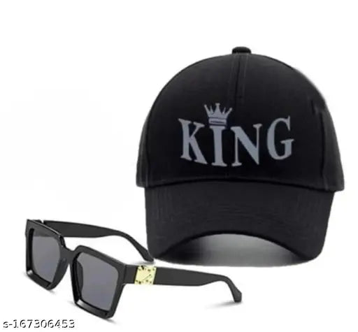 Adjustable cotton baseball cap & square sunglasses set for men, solid pattern, pack of 2 from India