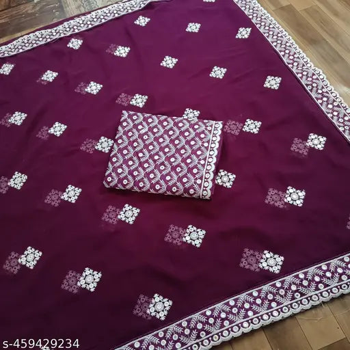 Purple georgette embroidered saree for women with blouse, trending party wear, festive bridal sari