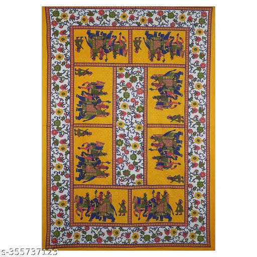 Jaipuri cotton bedsheet, Gangor Yellow, with elephant pattern, 100% cotton.