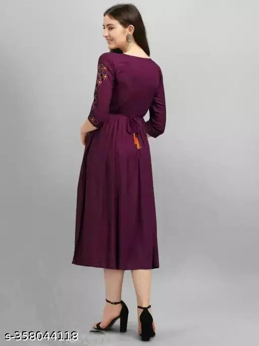 Rayon calf length Anarkali Kurtis, embroidered trendy style for professional workwear or casual occasions. Available in S, M, L, XL, XXL, XXXL sizes (34in, 36in, 38in, 40in, 42in, 32in bust sizes). Made in India