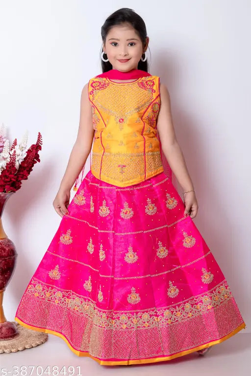 Kids girls satin lehenga choli with super net dupatta, embroidered and sleeveless, 1-9 years sizes available