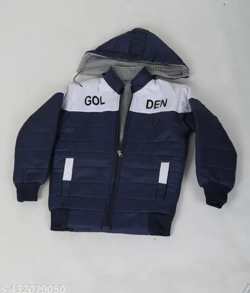 Blue and white boy solid jacket with gold logo