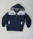 Blue and white boy solid jacket with gold logo