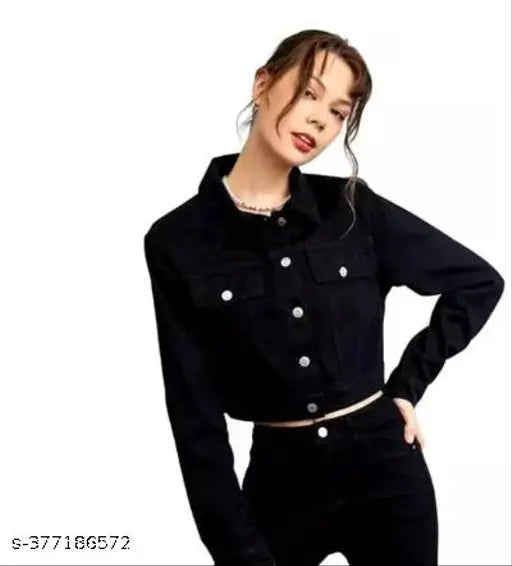 Trendy black cotton denim long-sleeve jacket for women, solid pattern, multiple sizes available (S-XXL), India origin