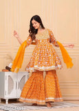 Orange rayon embroidered anarkali kurti, sharara suit set