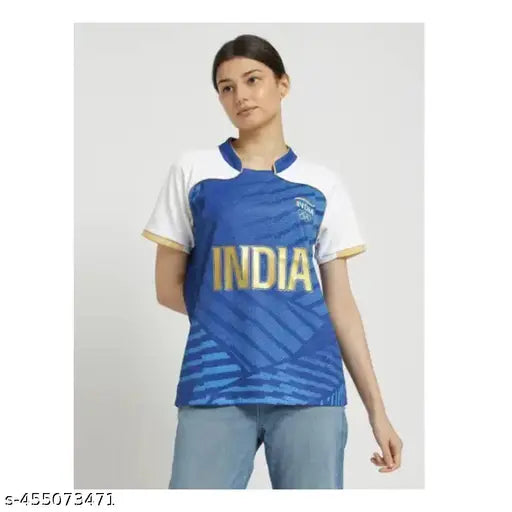 women's blue India team kabaddi jersey 2024, polyester short sleeves with printed net pattern, size S-XXL, made in India