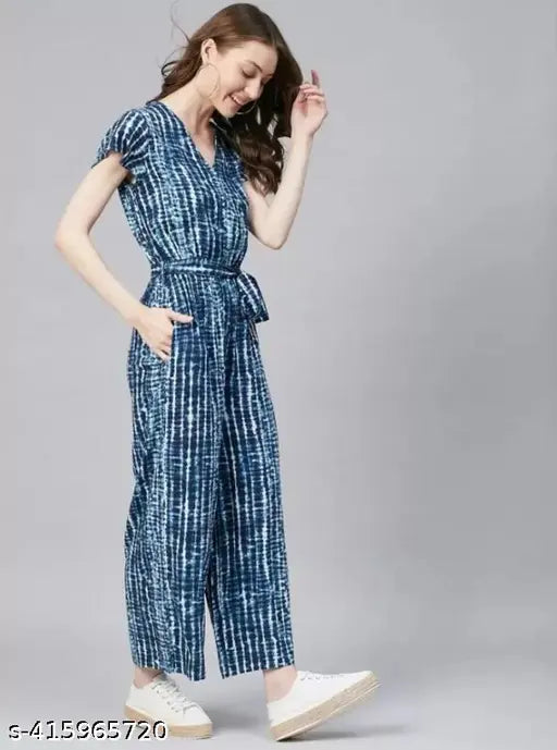 Fancy printed rayon jumpsuit for women, short sleeves and tie-dye design on display