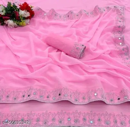 Hot fix saree in pink and white poly georgette material for women's partywear attire
