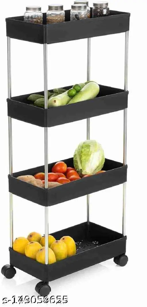 Black wheeled fruit and vegetable organizer, 4 tiered for kitchen and office use