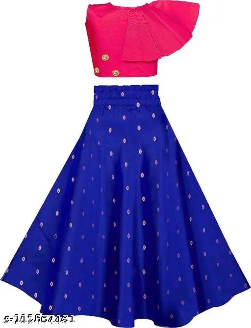 Embroidered cotton-silk sleeveless Lehenga crop top for girls, adorned with mirror work and stitched net - Special occasion Indian wear for 3-4 years
