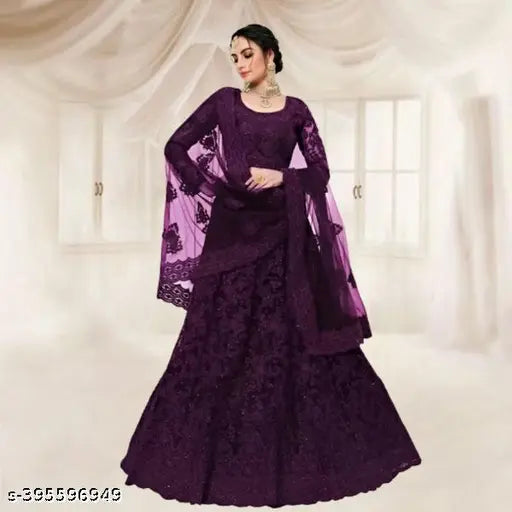 Indian embroidered net lehenga choli & dupatta set, semi-stitched (42m/44m waist, 2.2m length)