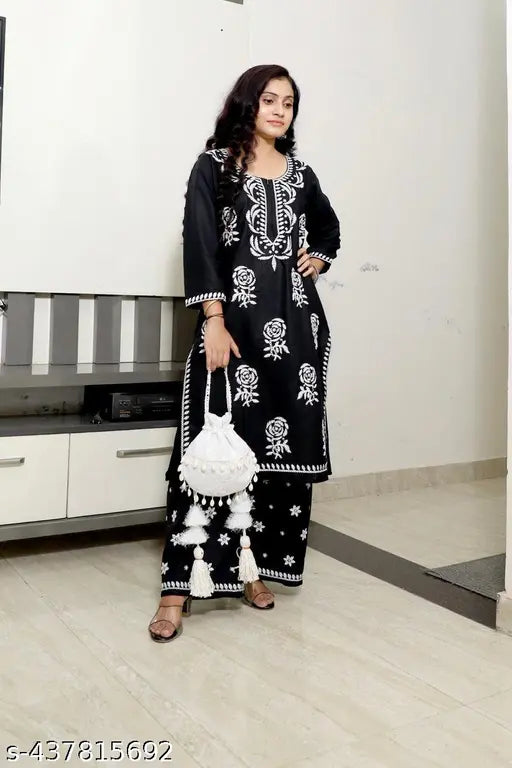 Rayon embroidered co-ord set: Women's & girls' top, bottom kurta, and Palazzo in art silk, three-quarter sleeves. Indian-made, available in sizes S-XXXL