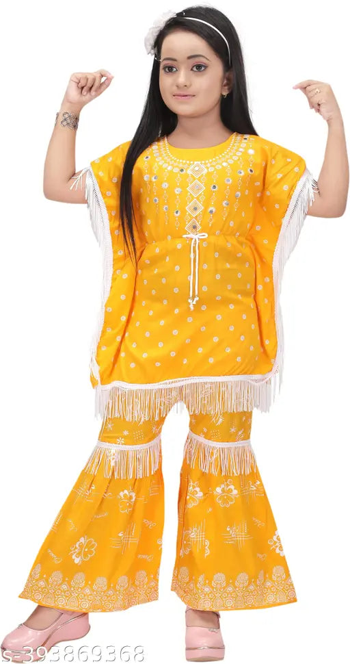 Red cotton kaftan and palazzo set for kids, embellished top with printed net bottom