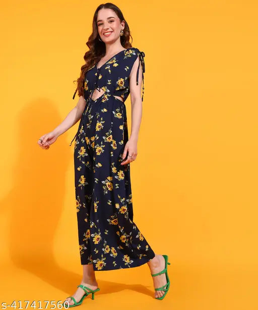 Navy blue & yellow floral printed women's jumpsuit (Polyester, Short Sleeves), waist tie-up detail on display