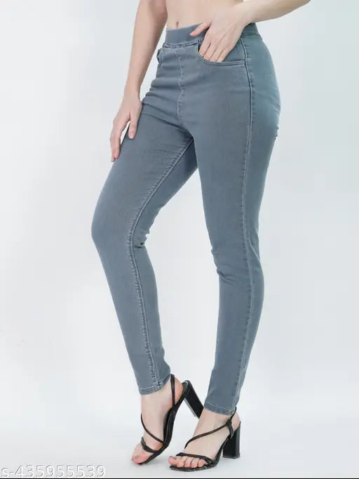 Grey denim fix elastic jegging for women, high-rise slip-on style with solid grey pattern