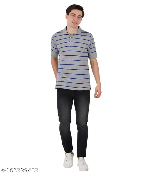 Blue striped cotton blend men's polo t-shirts, pack of 2 with short sleeves and collar [India-made]